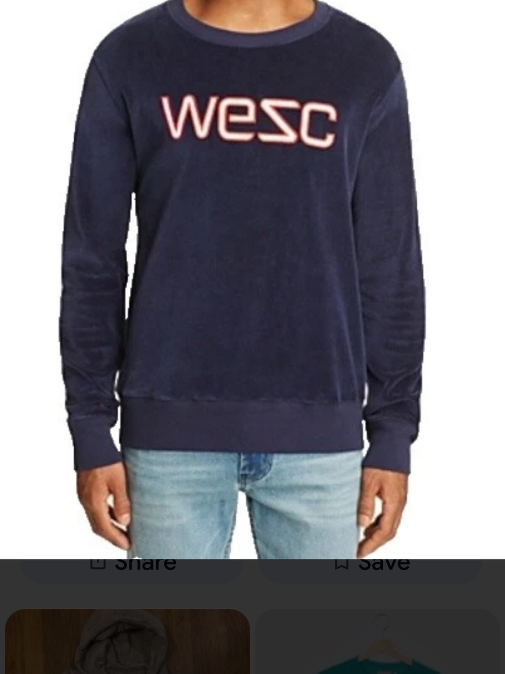 WeSC Miles Velour Crewneck Sweatshirt Navy Blue Logo Men’s M Made in Portugal